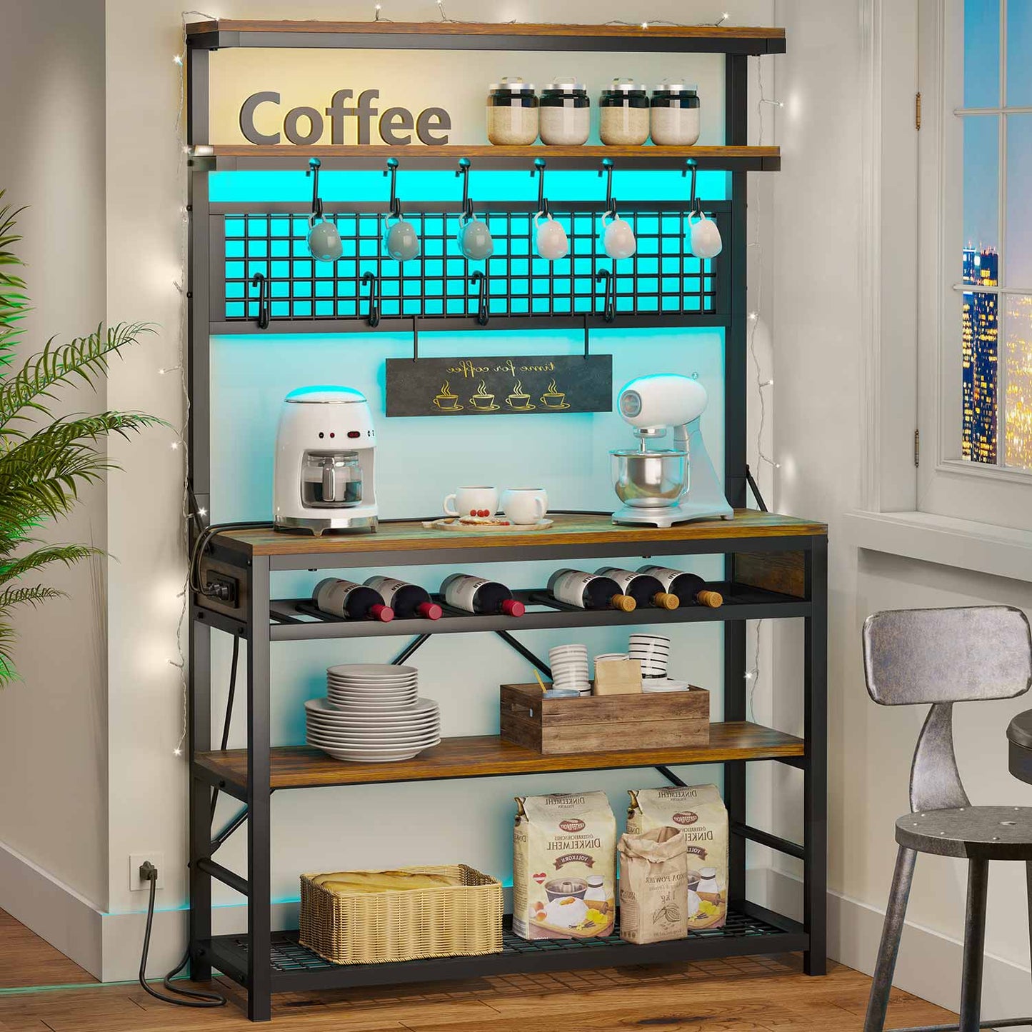LED Coffee Bar with Power Outlet Open Storage Brown