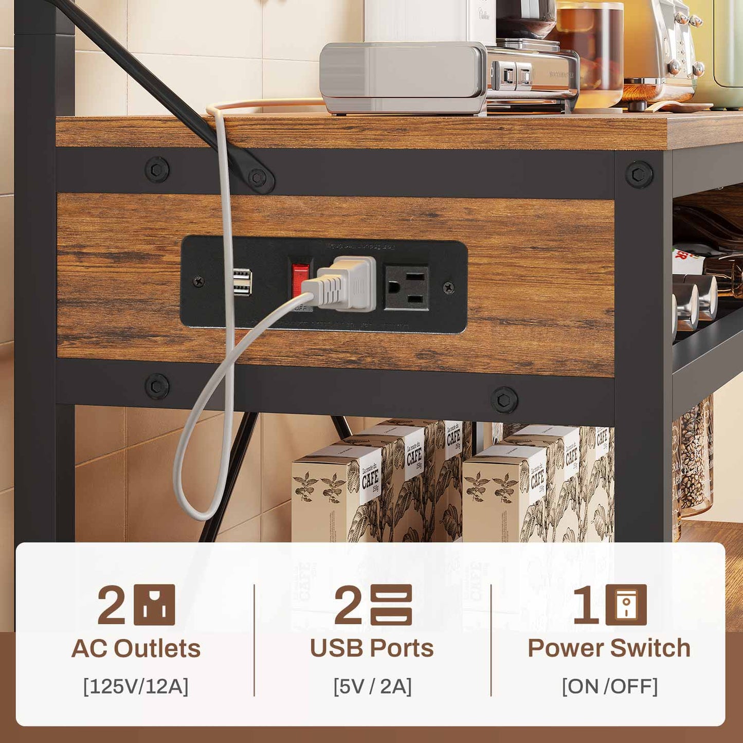 LED Coffee Bar with Power Outlet Open Storage Brown