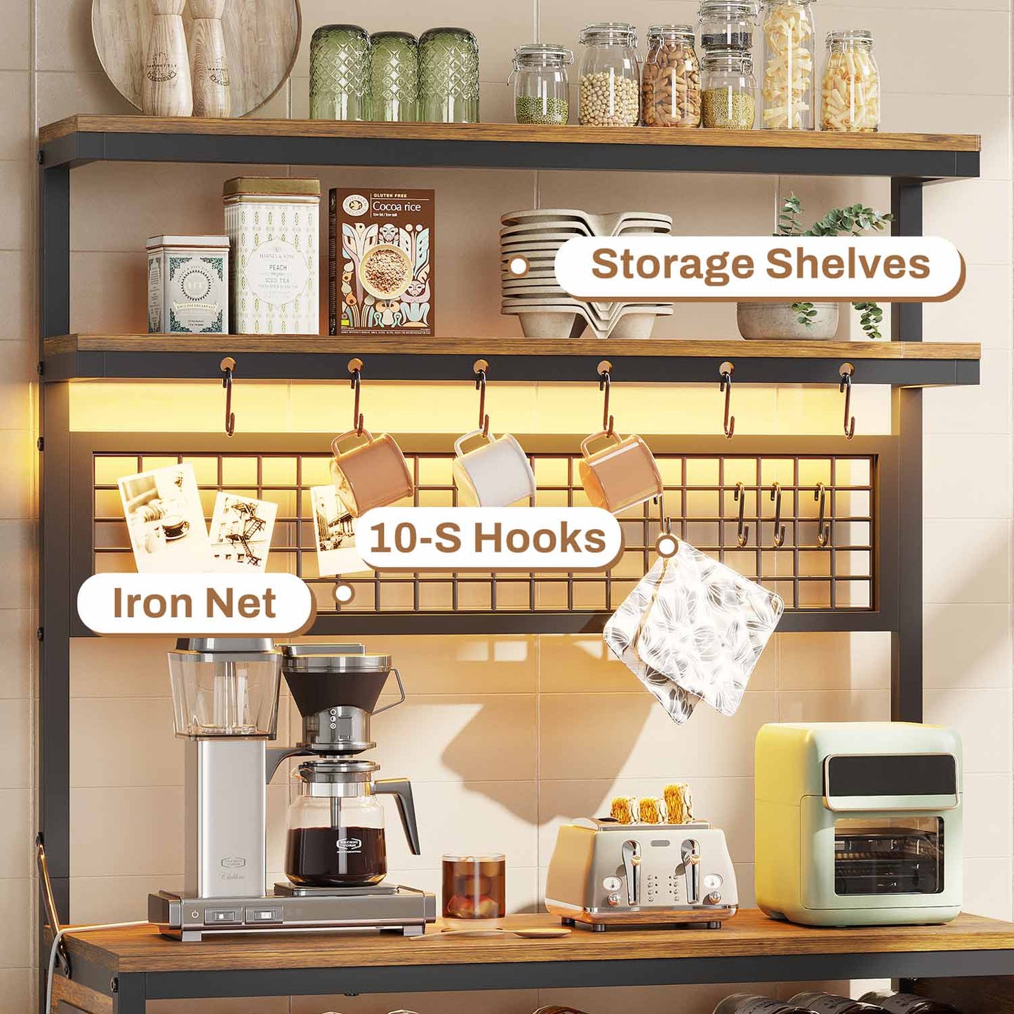 LED Coffee Bar with Power Outlet Open Storage Brown