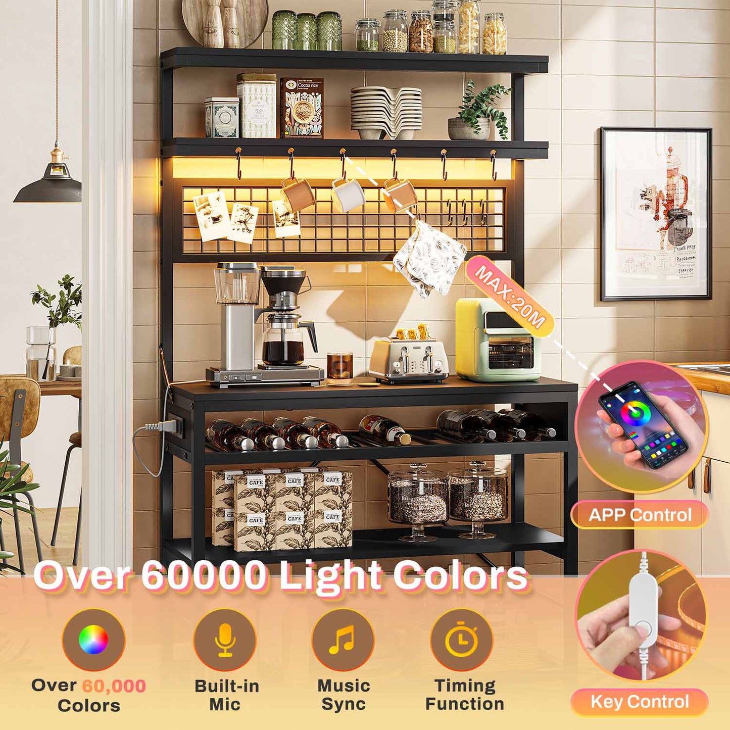 LED Coffee Bar with Power Outlet Open Storage Black
