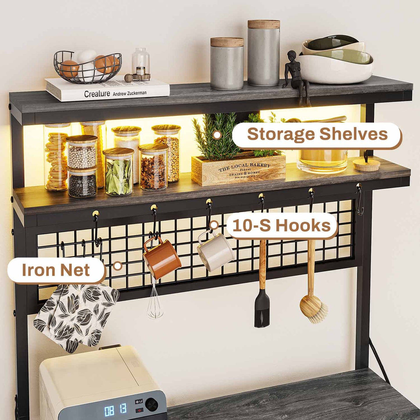 LED Coffee Bar with Power Outlet Open Storage Grey