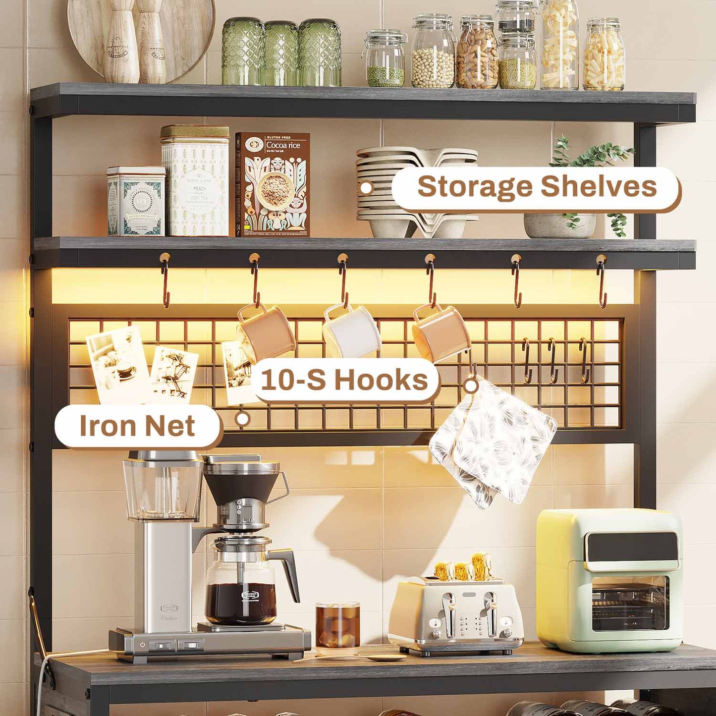 LED Coffee Bar with Power Outlet Open Storage Grey