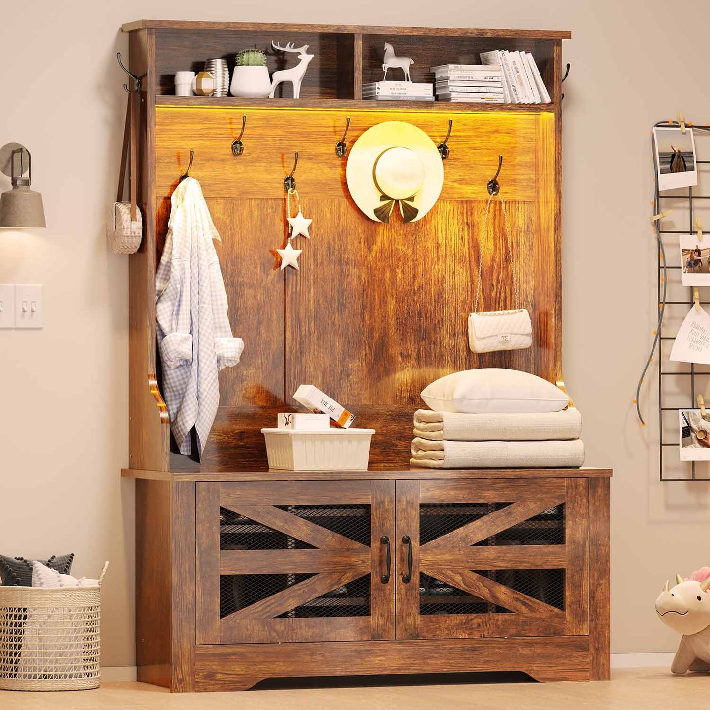43.3 Inches Hall Tree with Bench and Shoe Storage Rustic Brown