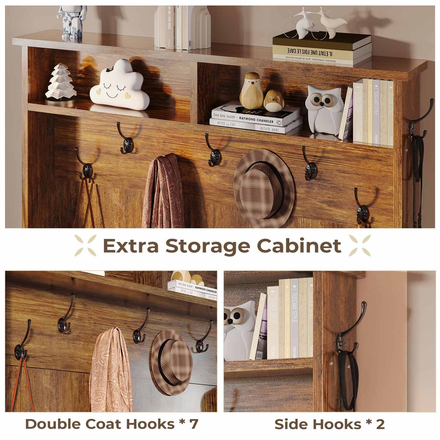 43.3 Inches Hall Tree with Bench and Shoe Storage Rustic Brown