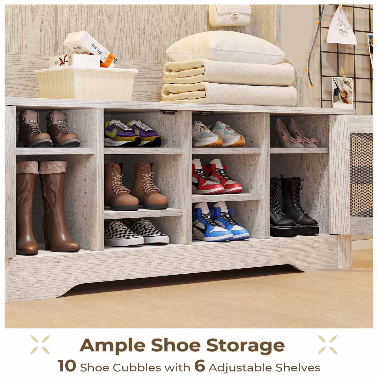 43.3 Inches Hall Tree with Bench and Shoe Storage Embossed White