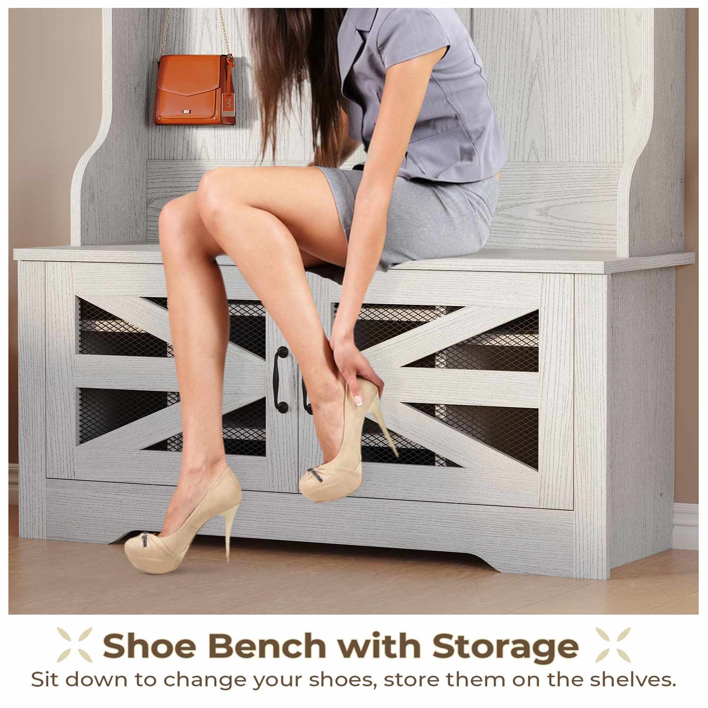 43.3 Inches Hall Tree with Bench and Shoe Storage Embossed White