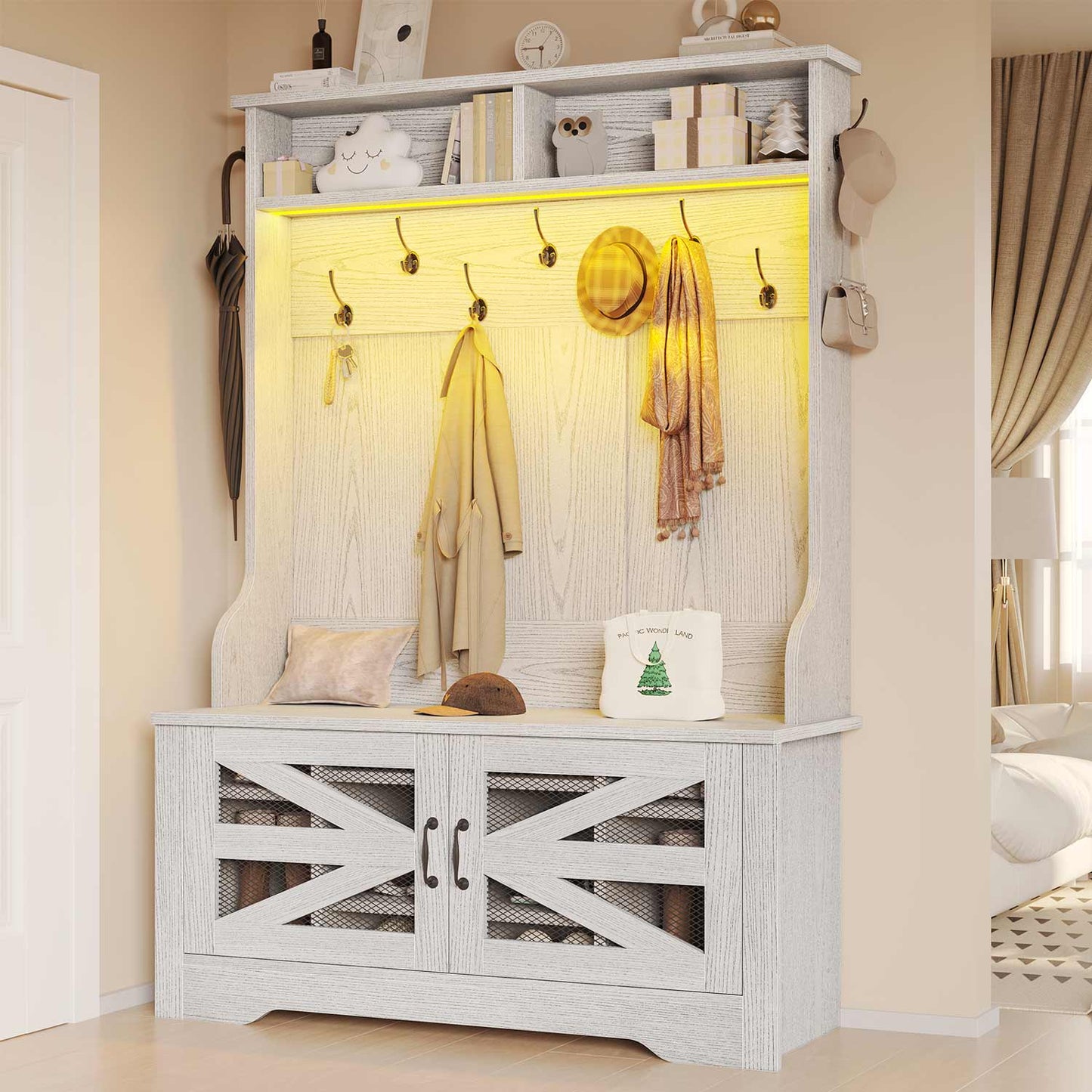 43.3 Inches Hall Tree with Bench and Shoe Storage Embossed White