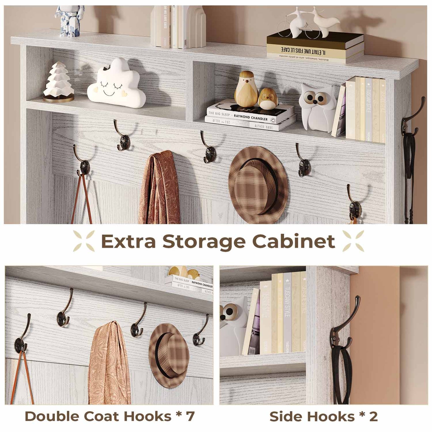 43.3 Inches Hall Tree with Bench and Shoe Storage Embossed White