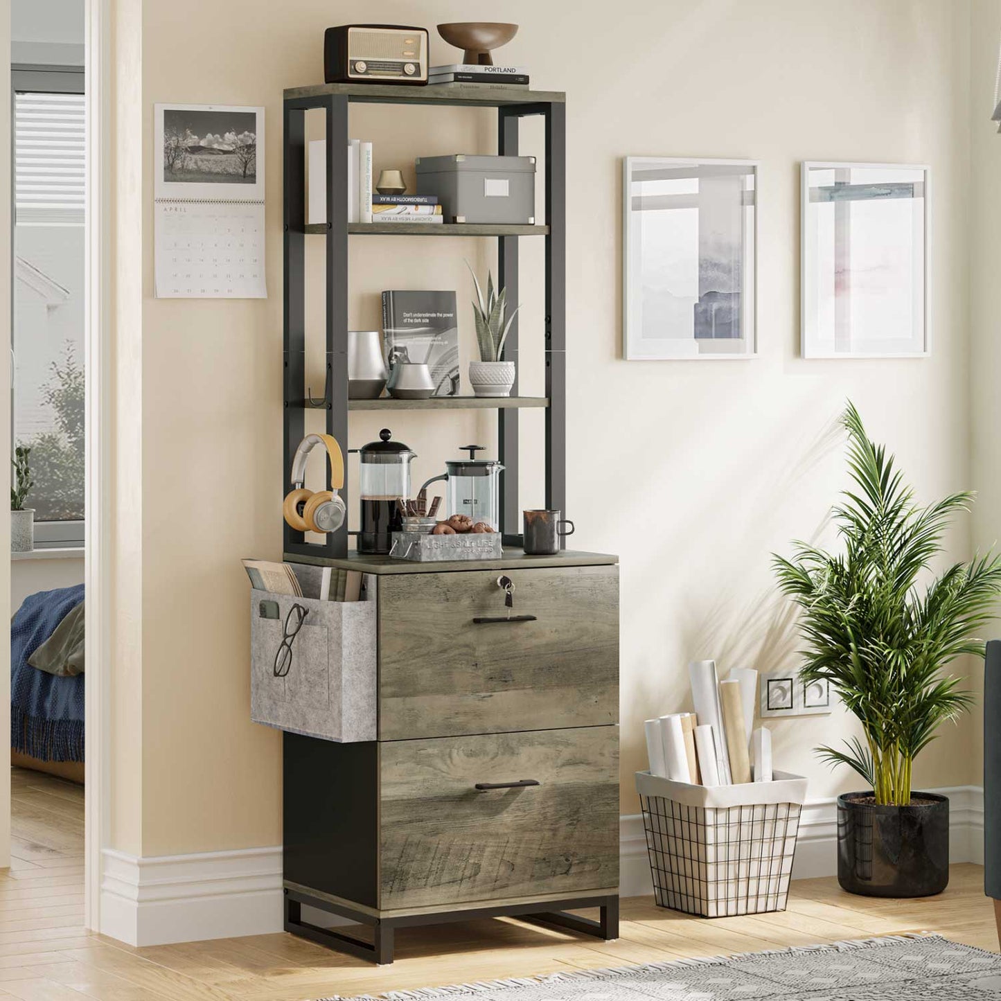 2 Drawer File Cabinet with Lock Oak Grey