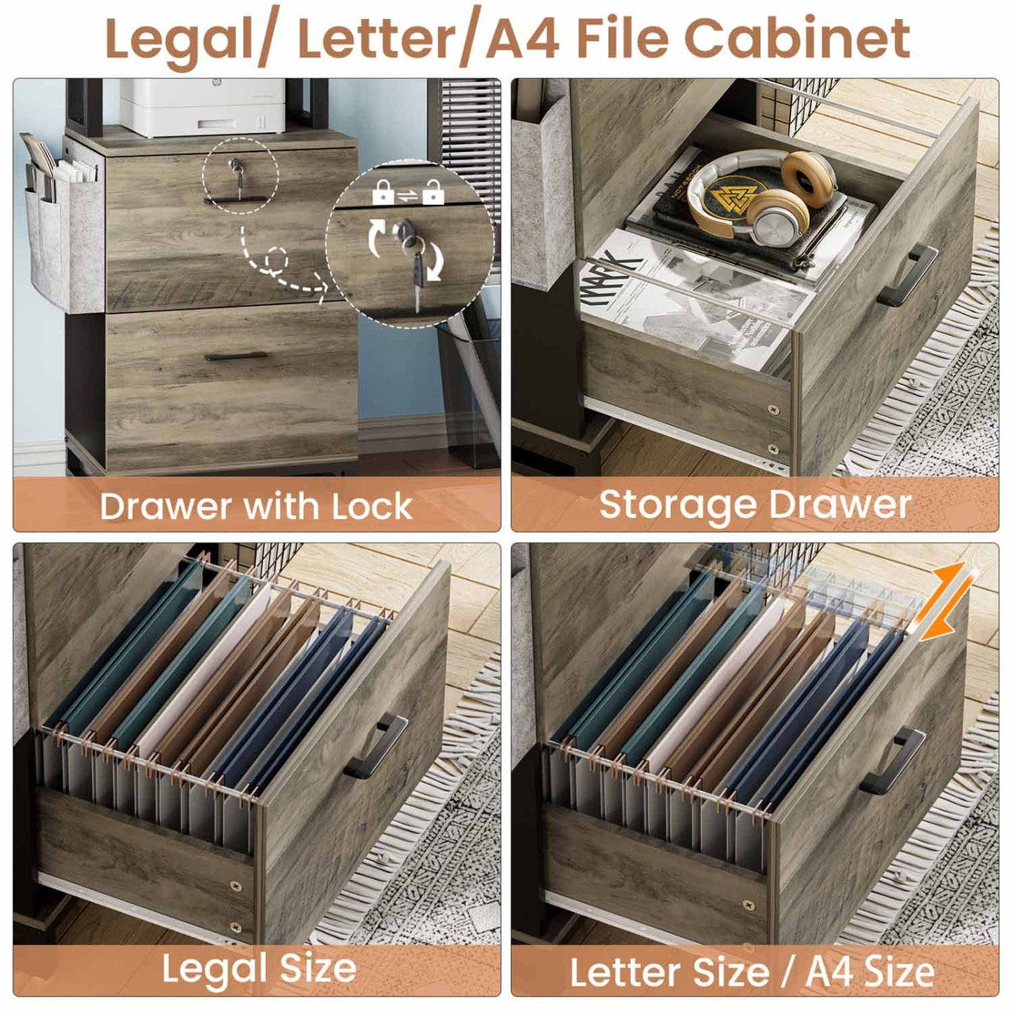 2 Drawer File Cabinet with Lock Oak Grey