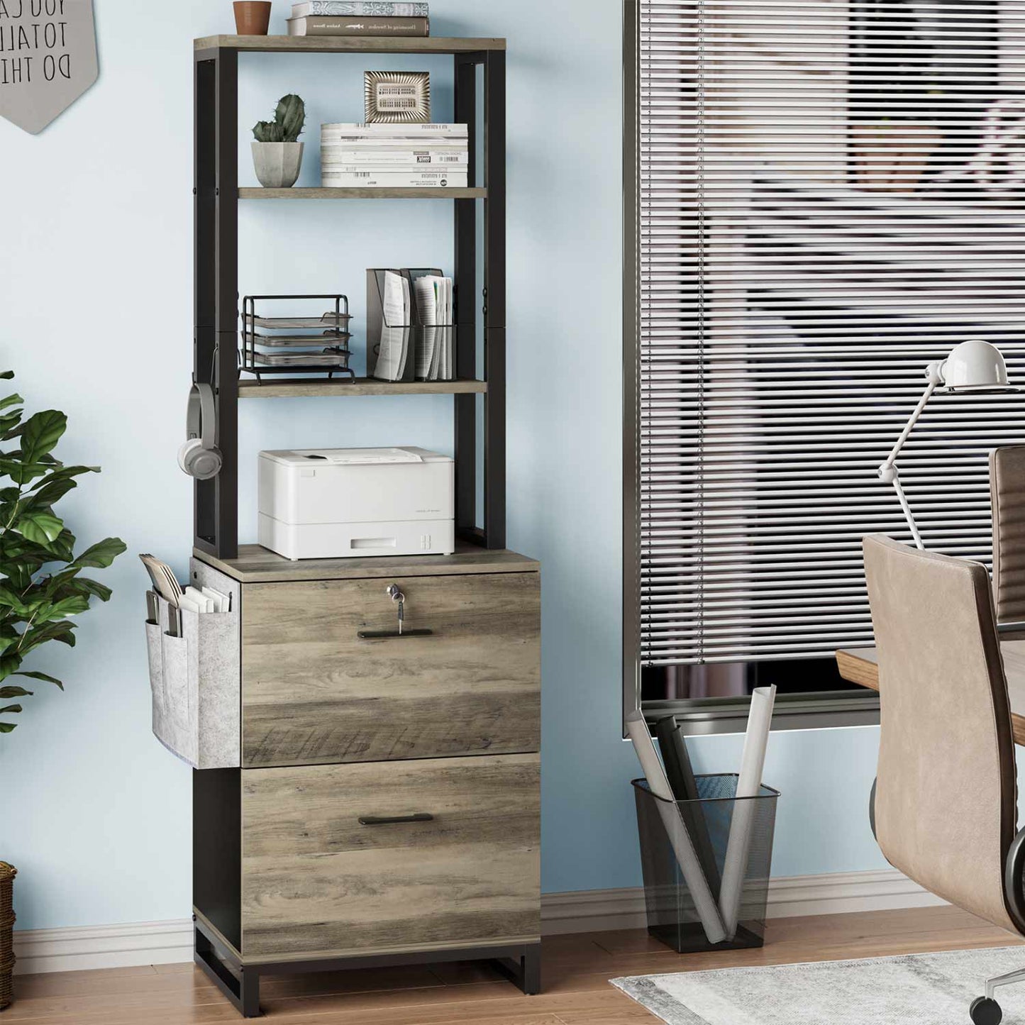2 Drawer File Cabinet with Lock Oak Grey
