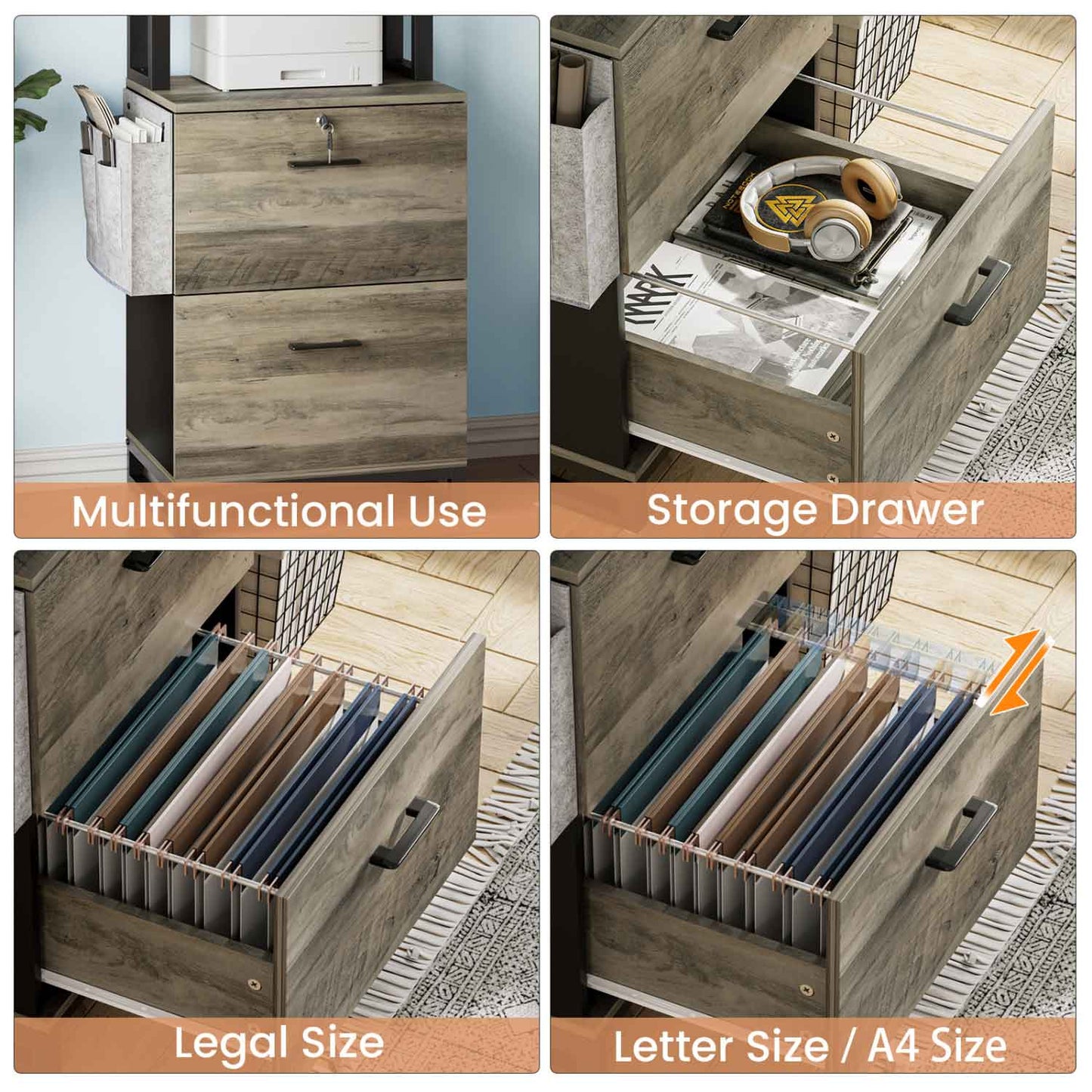 2 Drawer File Cabinet with Lock Oak Grey