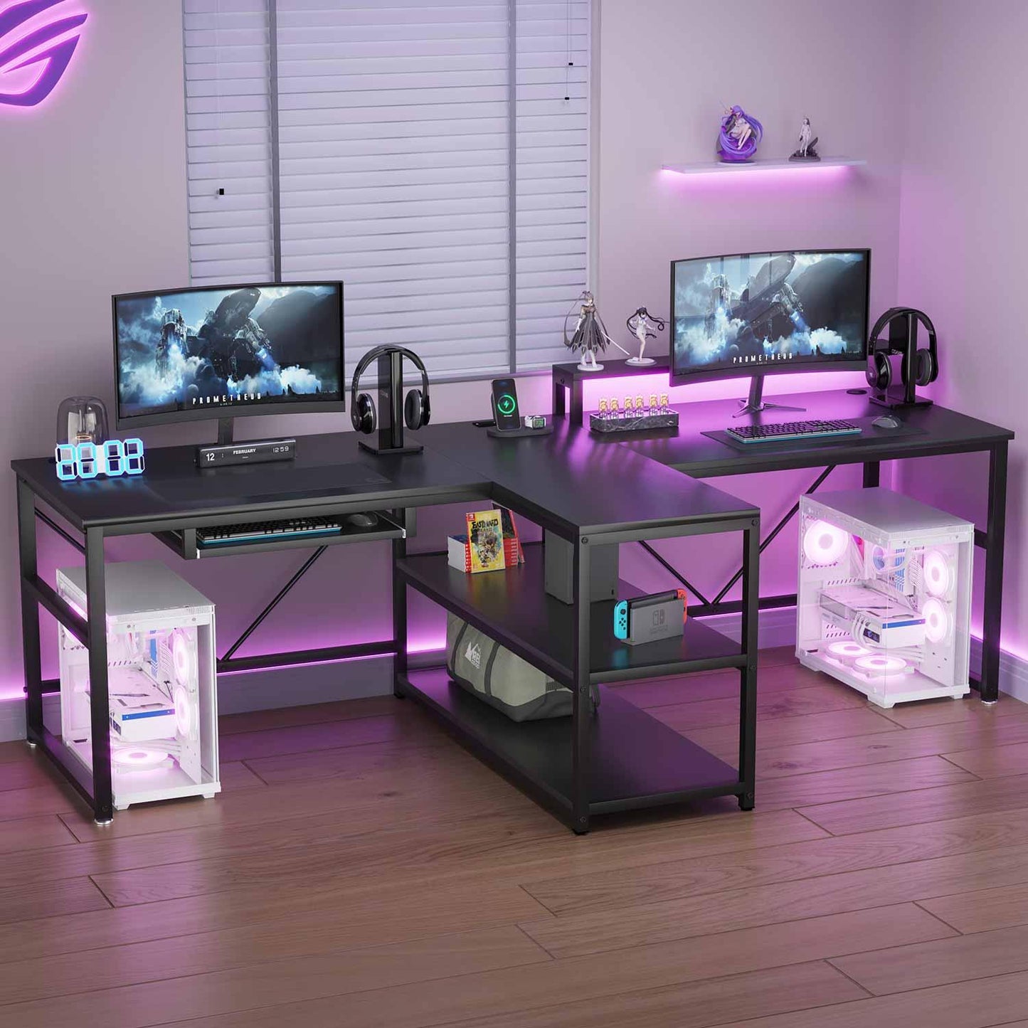 94.5 Inches T Shaped 2 Person Gaming Desk with Storage Black