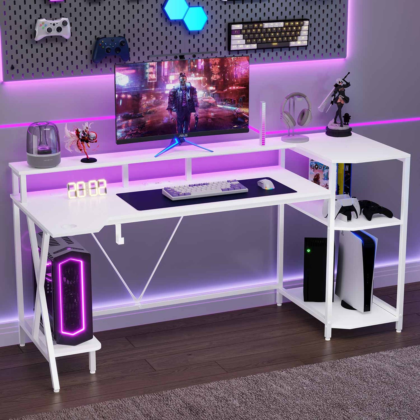 70.8 Inches Large PC Gaming Desk with Storage Shelves White