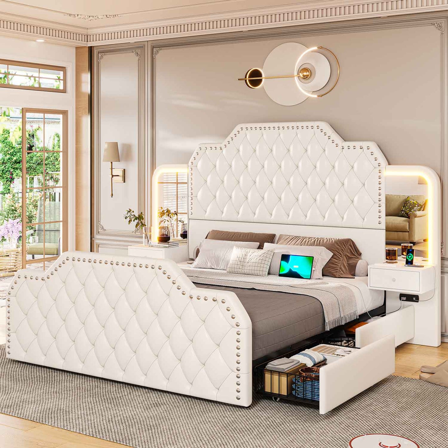 PU Leather Upholstered LED Bed Frame with 2 Nightstands White