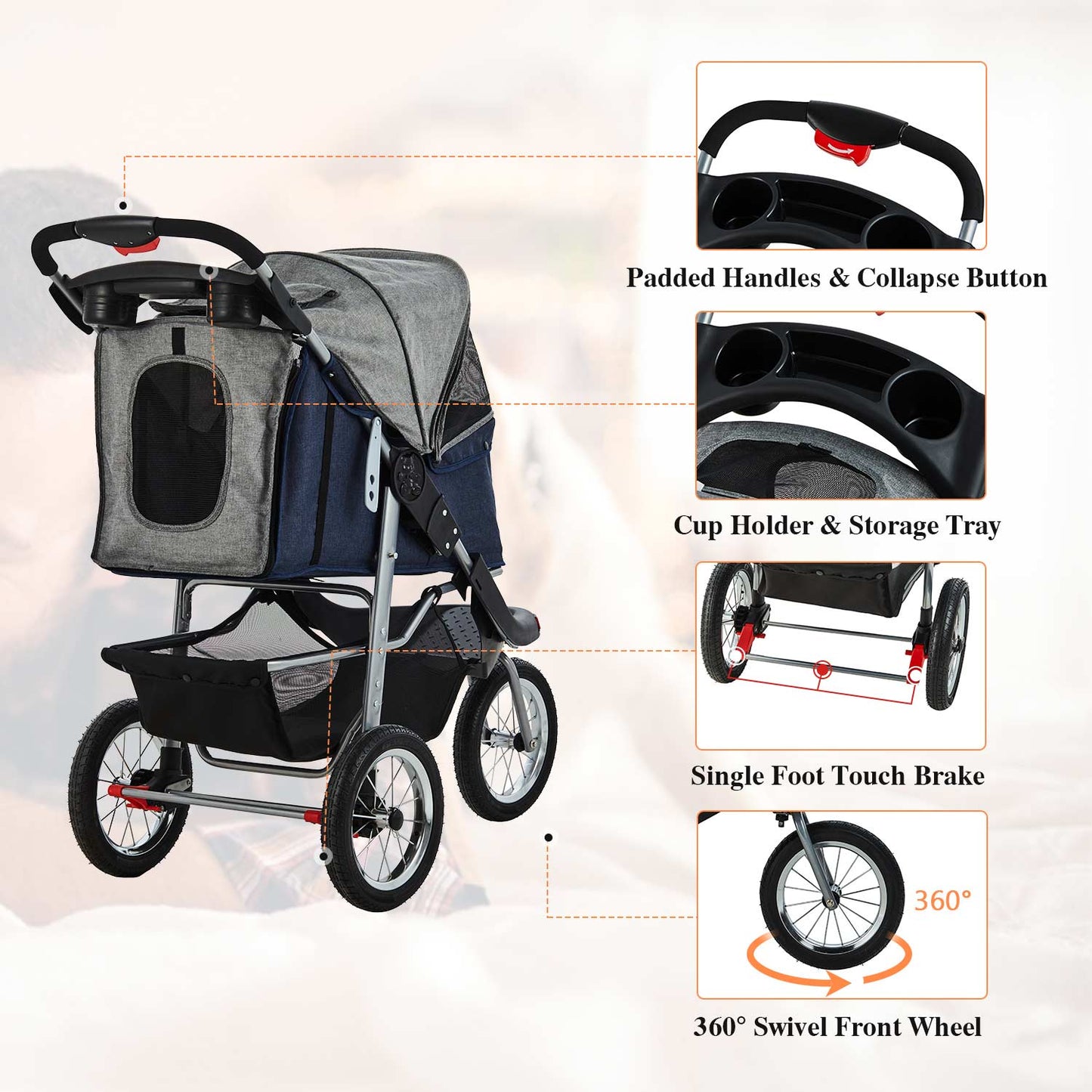 Pet Stroller Folding Traveling Cart Blue Grey