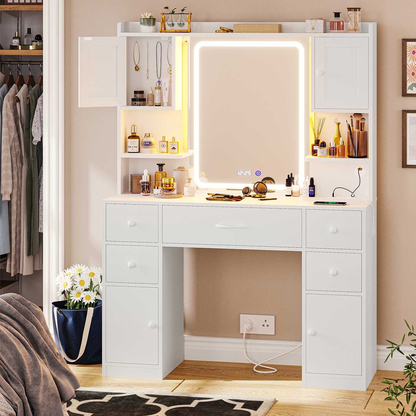 LED Makeup Vanity with Mirror and Outlet White