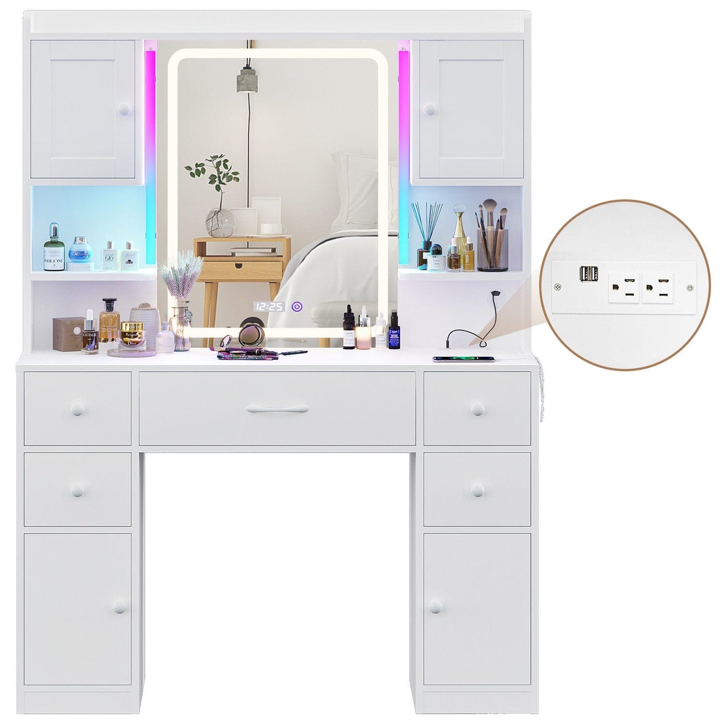 LED Makeup Vanity with Mirror and Outlet White