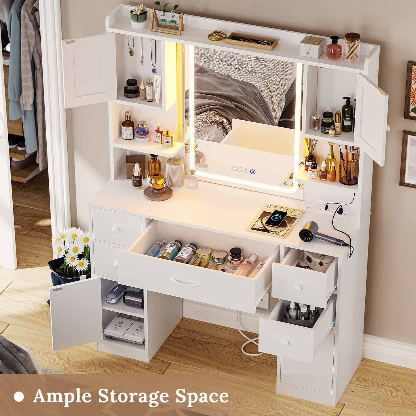 LED Makeup Vanity with Mirror and Outlet White