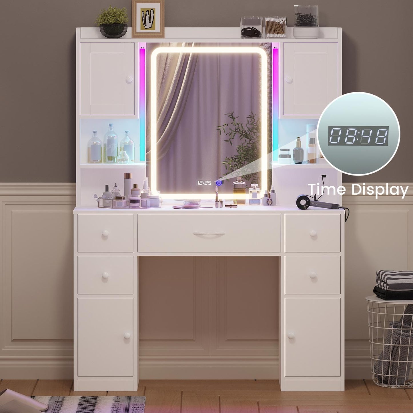 LED Makeup Vanity with Mirror and Outlet White
