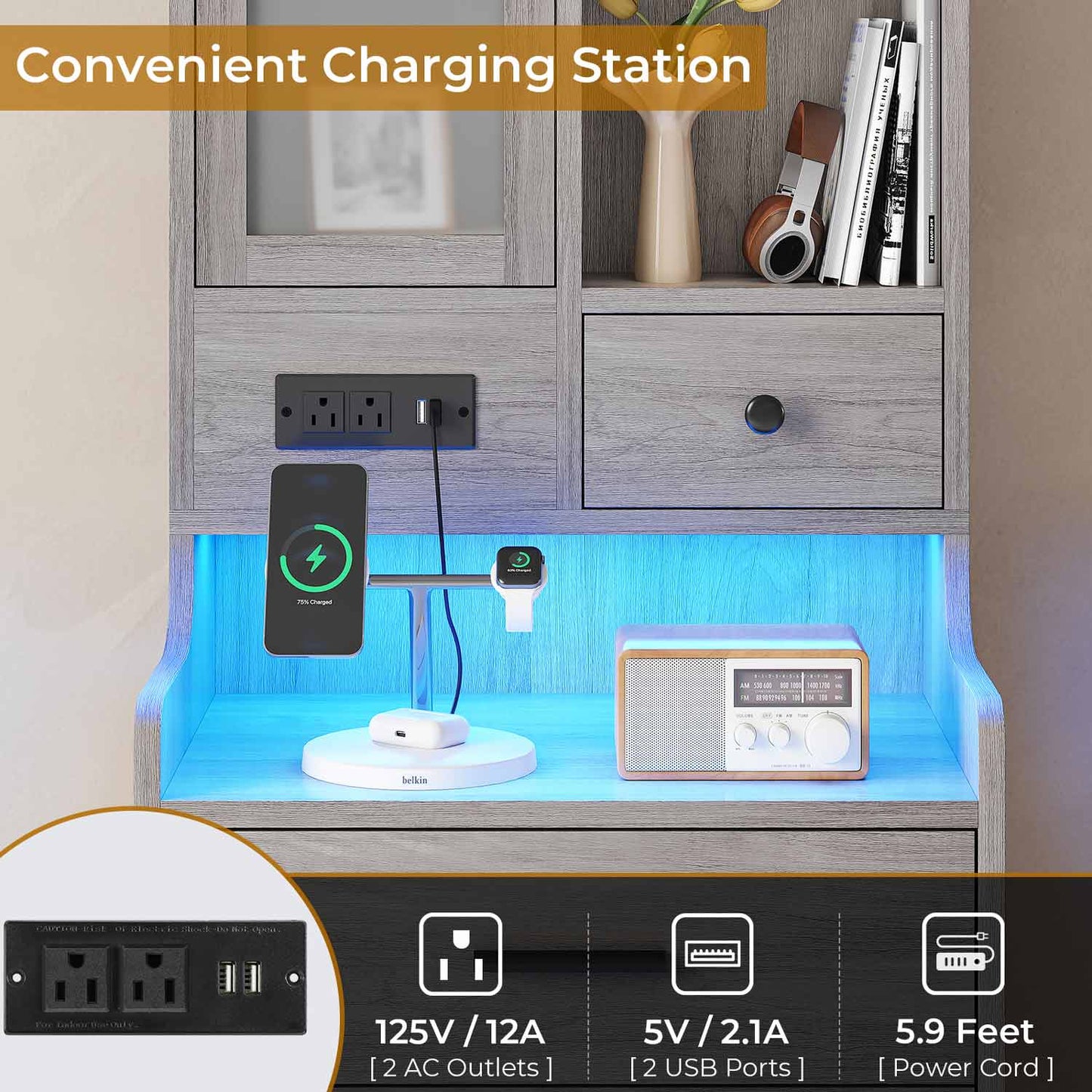 LED Tall Nightstand with Glass Door Storage Grey