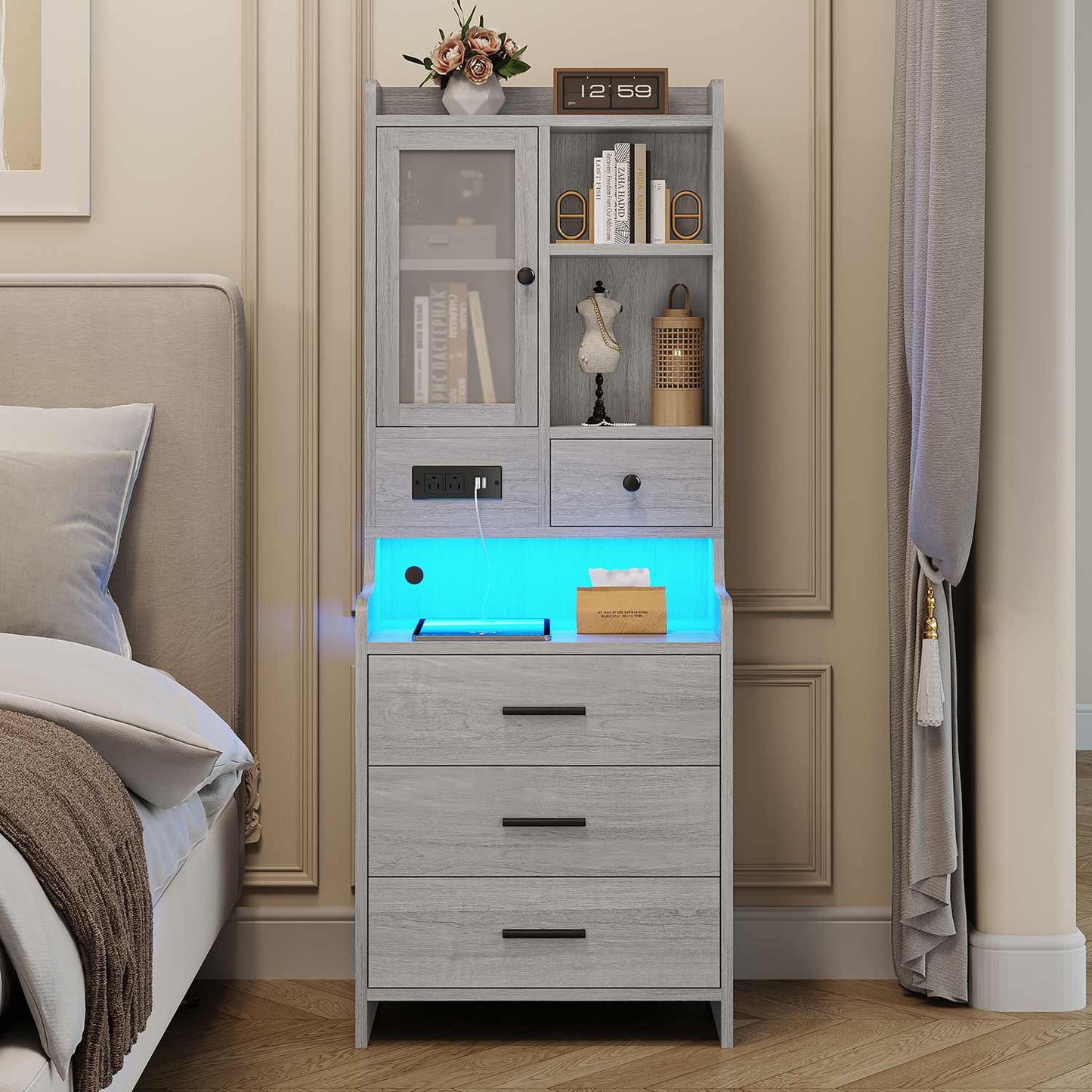 LED Tall Nightstand with Glass Door Storage Grey