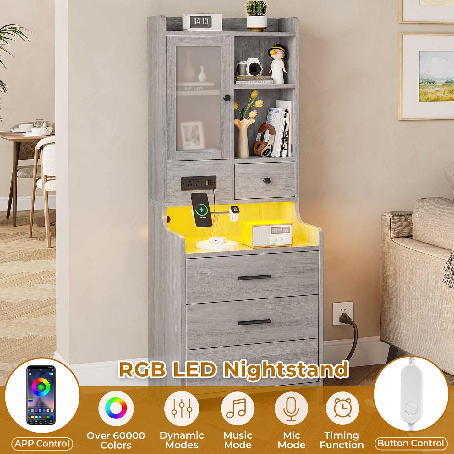 LED Tall Nightstand with Glass Door Storage Grey