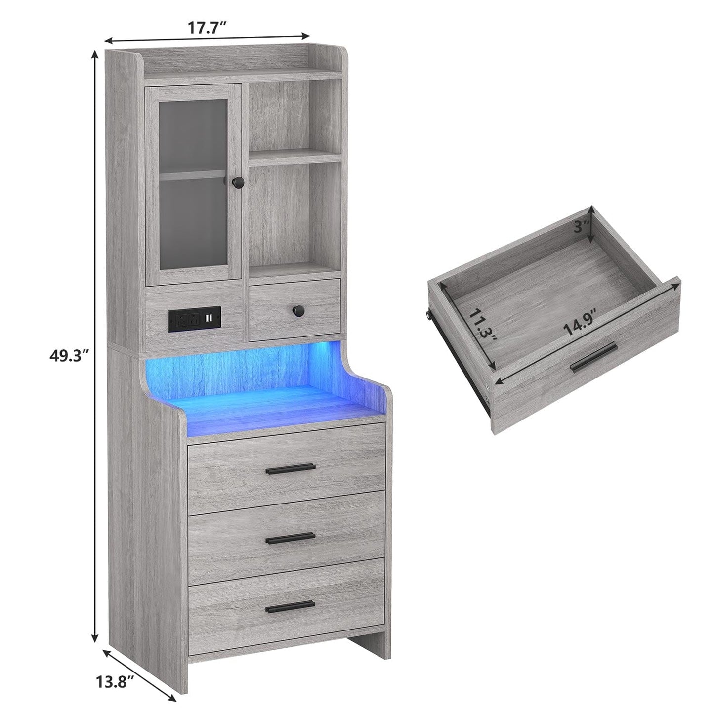 LED Tall Nightstand with Glass Door Storage Grey