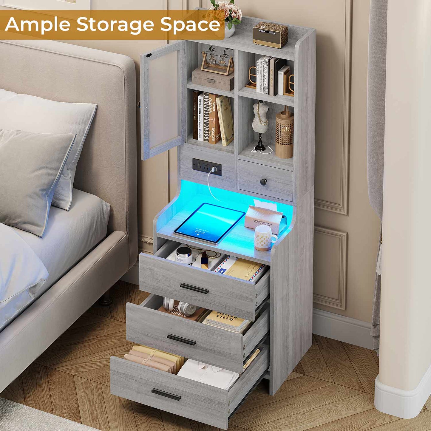LED Tall Nightstand with Glass Door Storage Grey