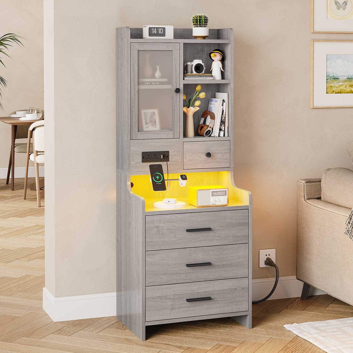 LED Tall Nightstand with Glass Door Storage Grey