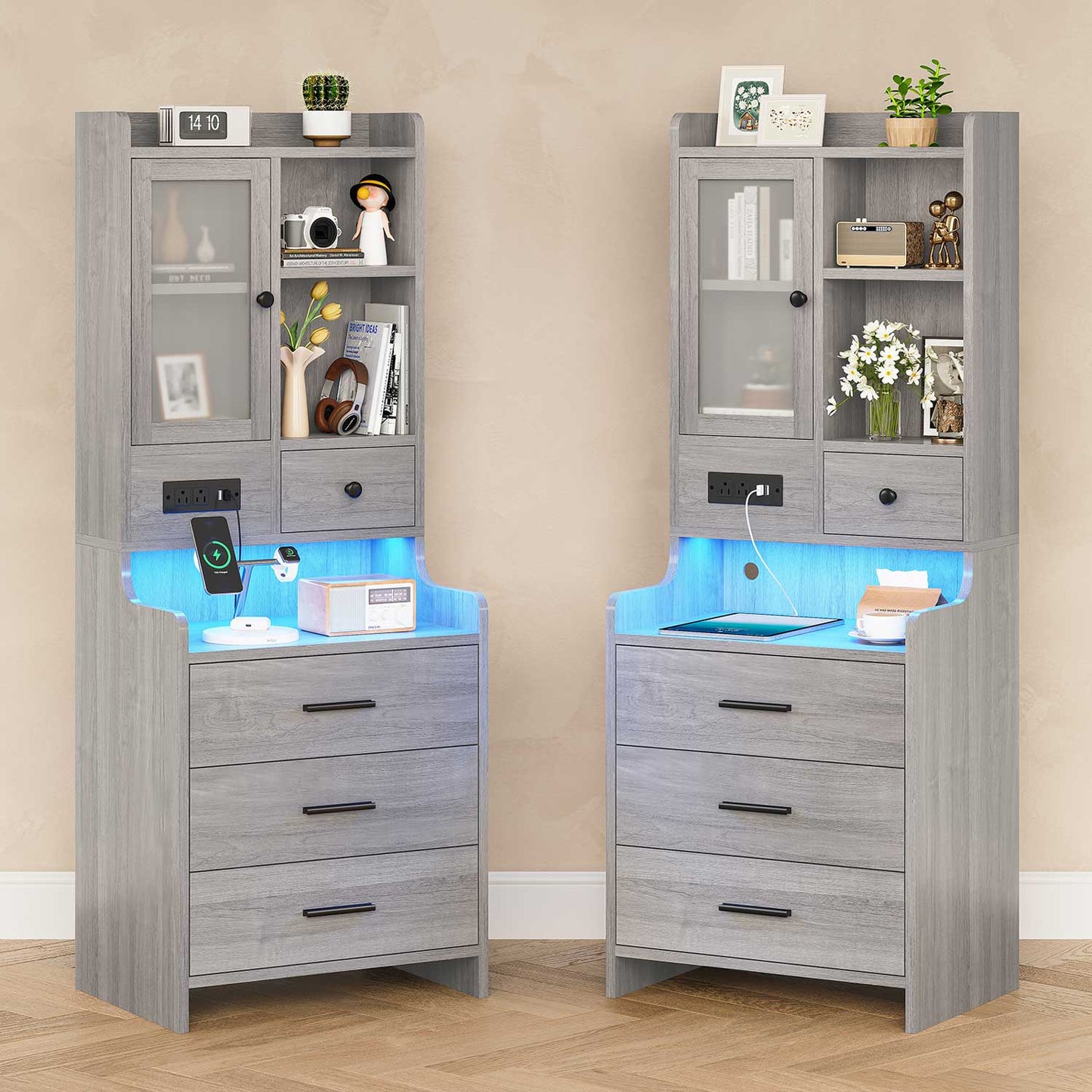 LED Tall Nightstand with Glass Door Storage Grey