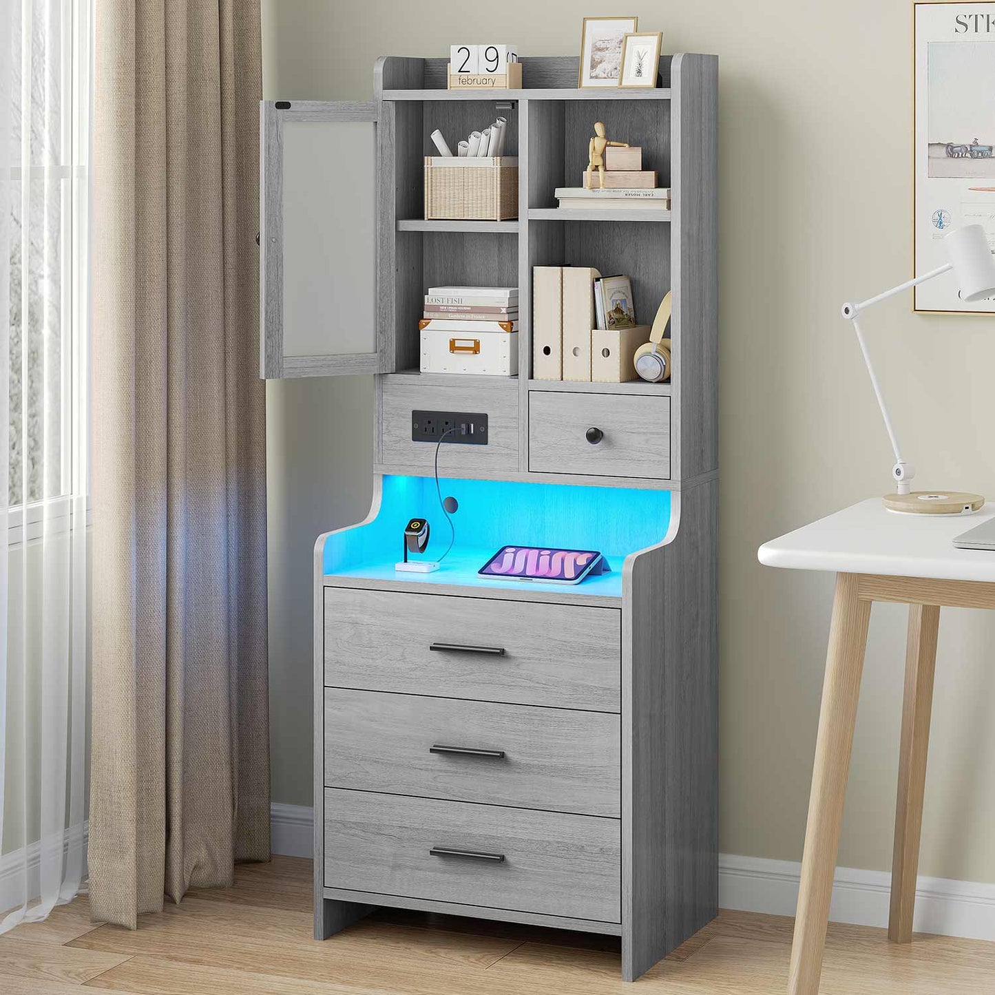 LED Tall Nightstand with Glass Door Storage Grey
