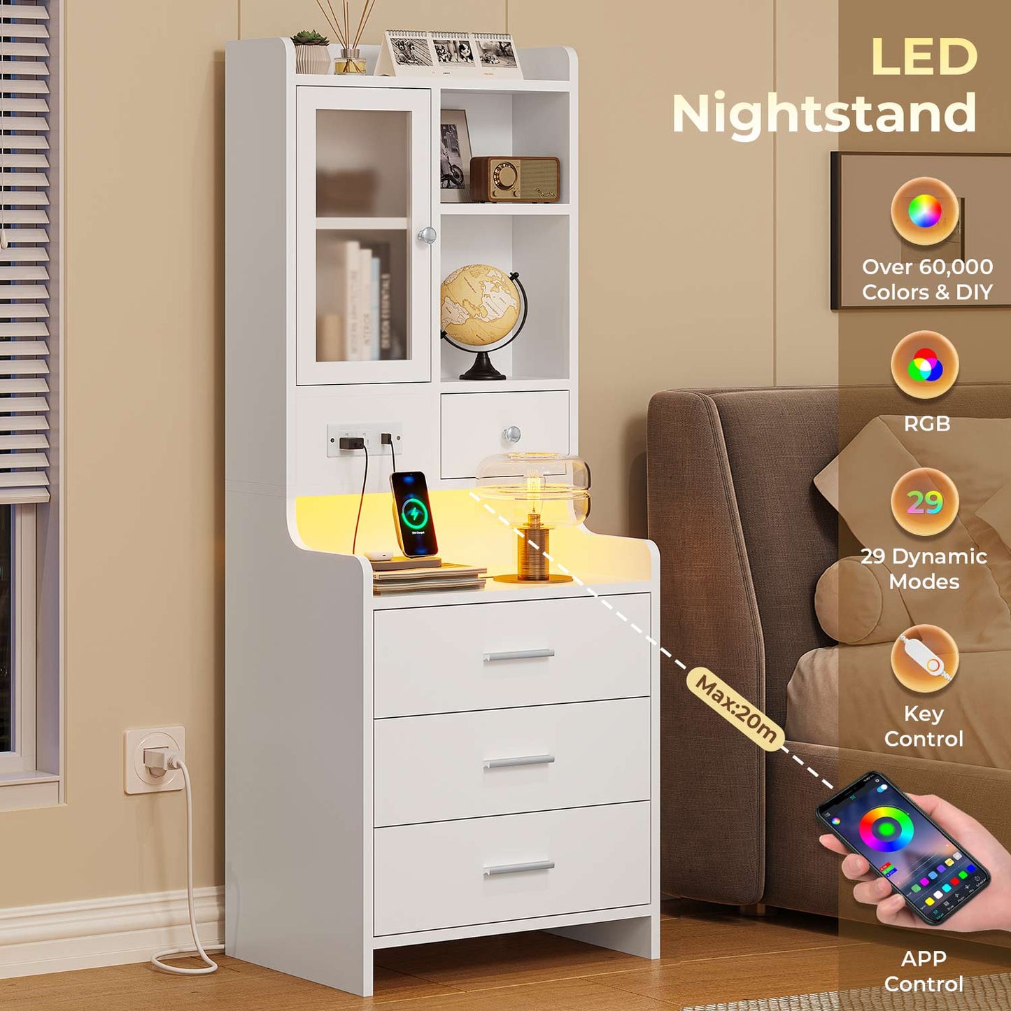 LED Tall Nightstand with Glass Door Storage White