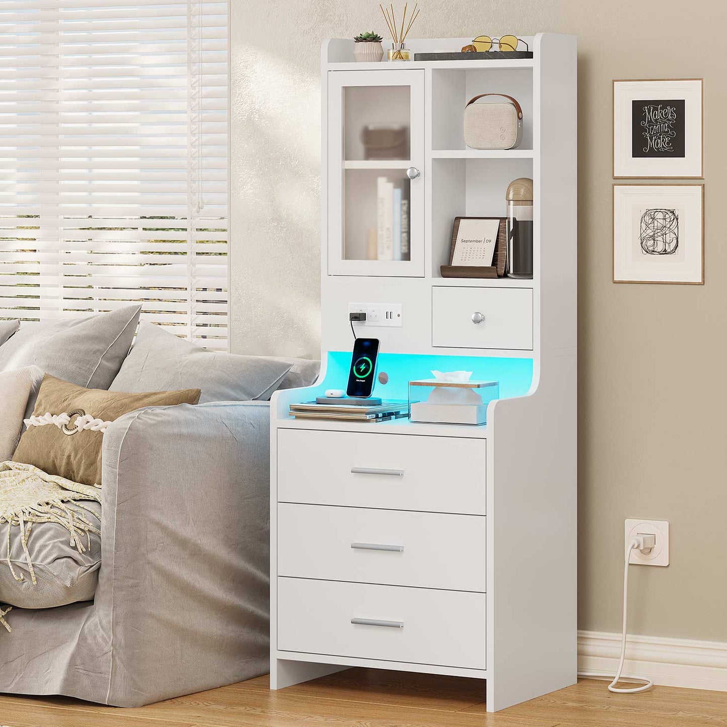 LED Tall Nightstand with Glass Door Storage White