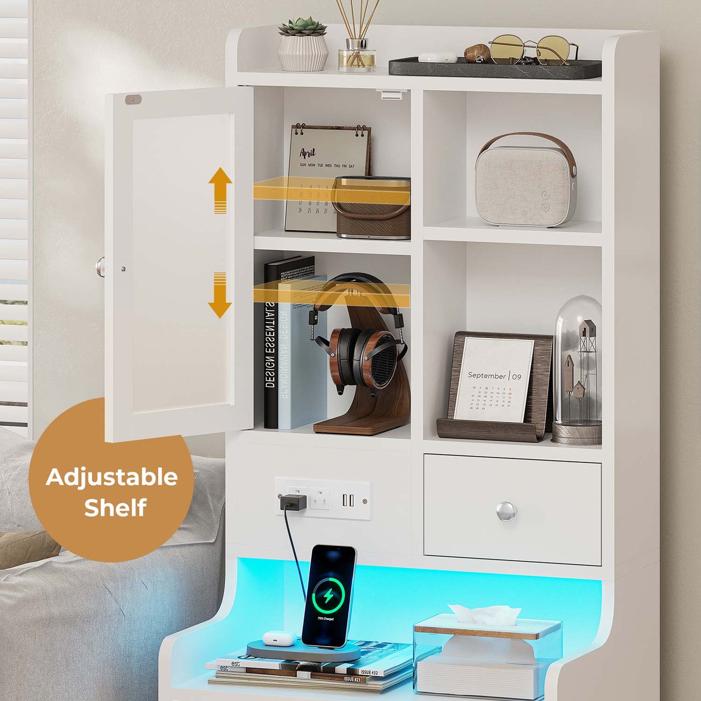 LED Tall Nightstand with Glass Door Storage White