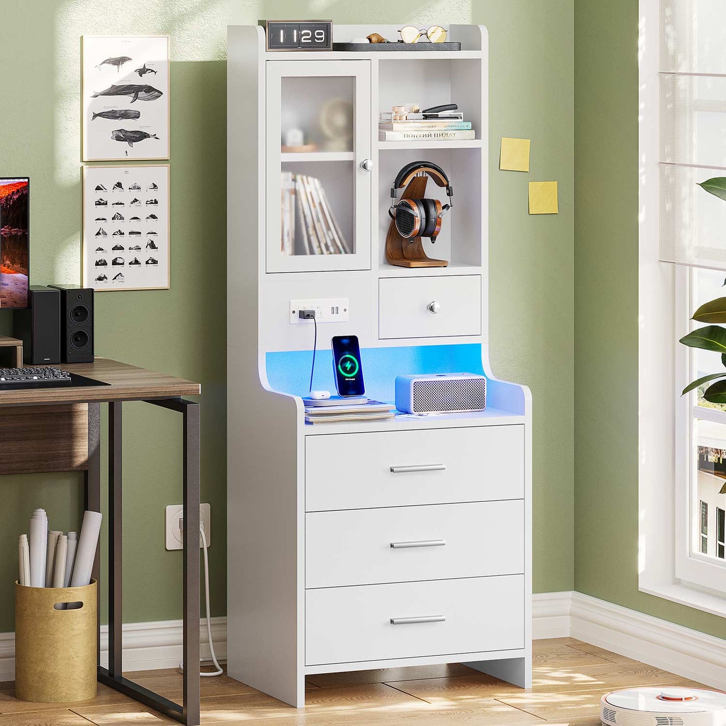LED Tall Nightstand with Glass Door Storage White