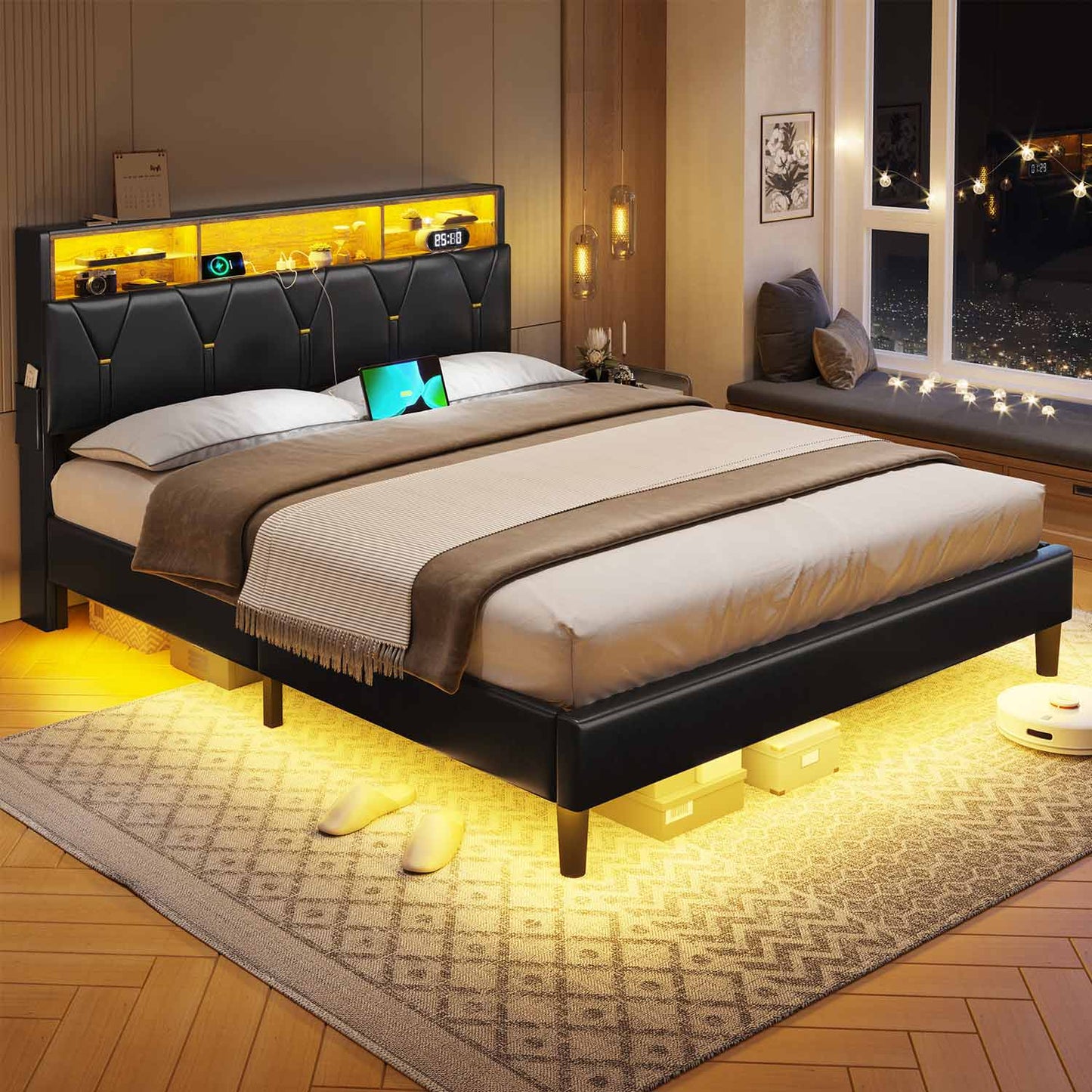 Faux Leather LED Bed Frame with Storage Headboard Black