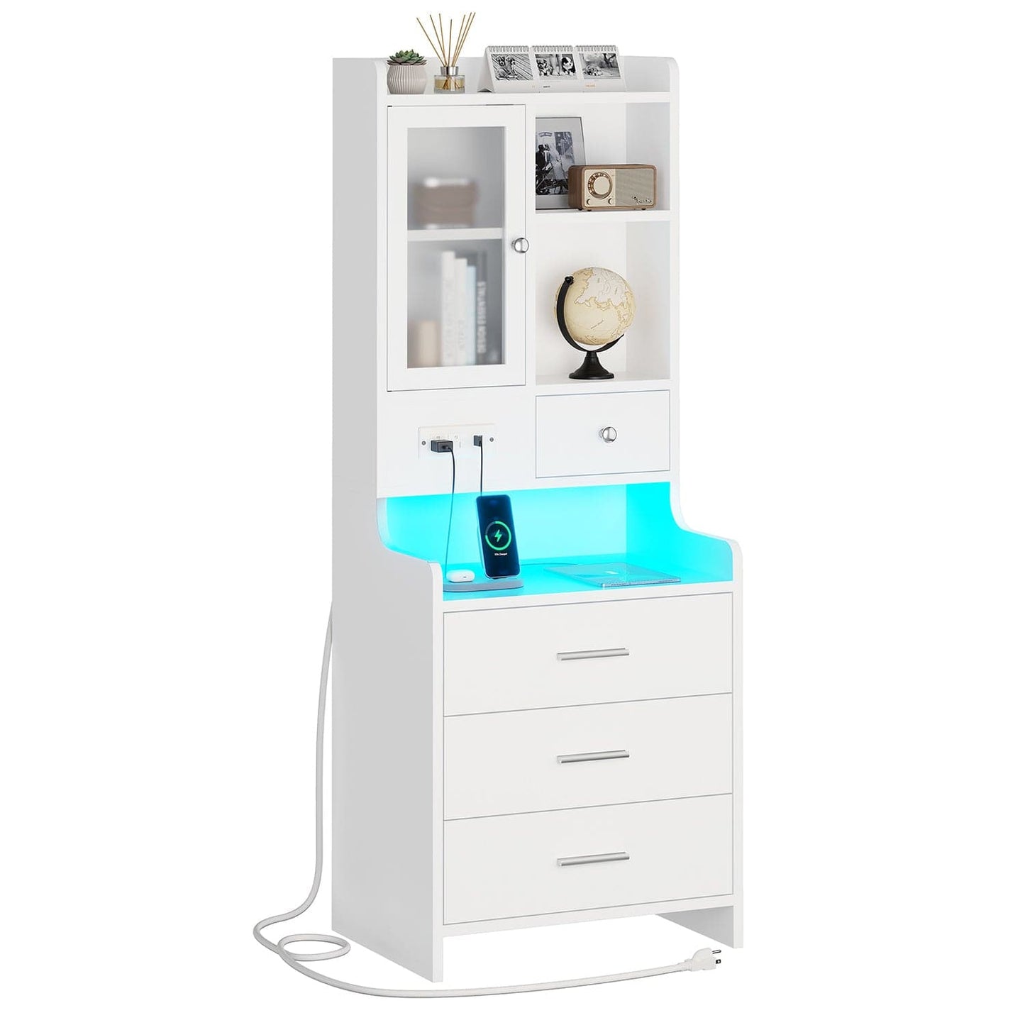 LED Tall Nightstand with Glass Door Storage White