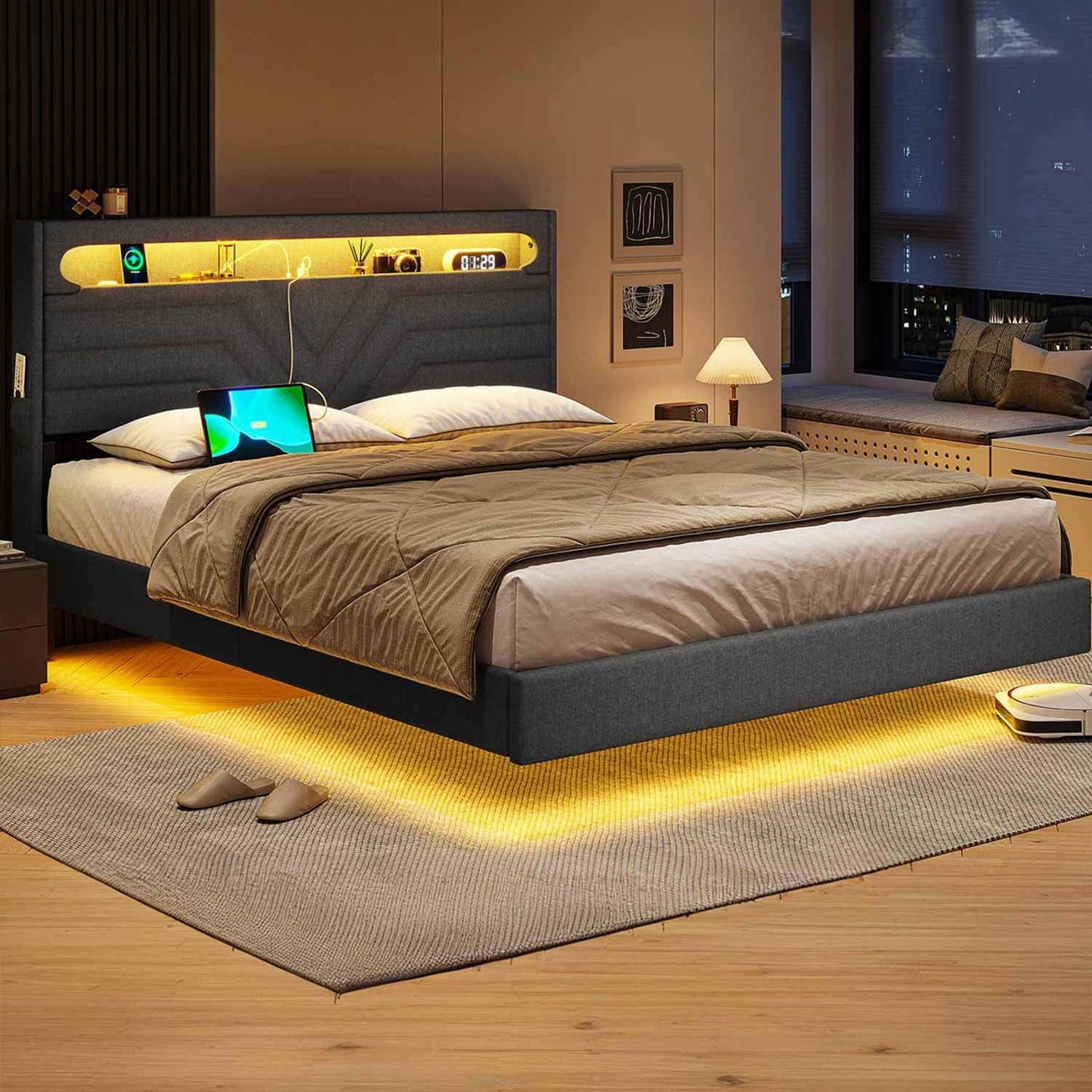 Linen LED Bed Frame with Storage Headboard Black