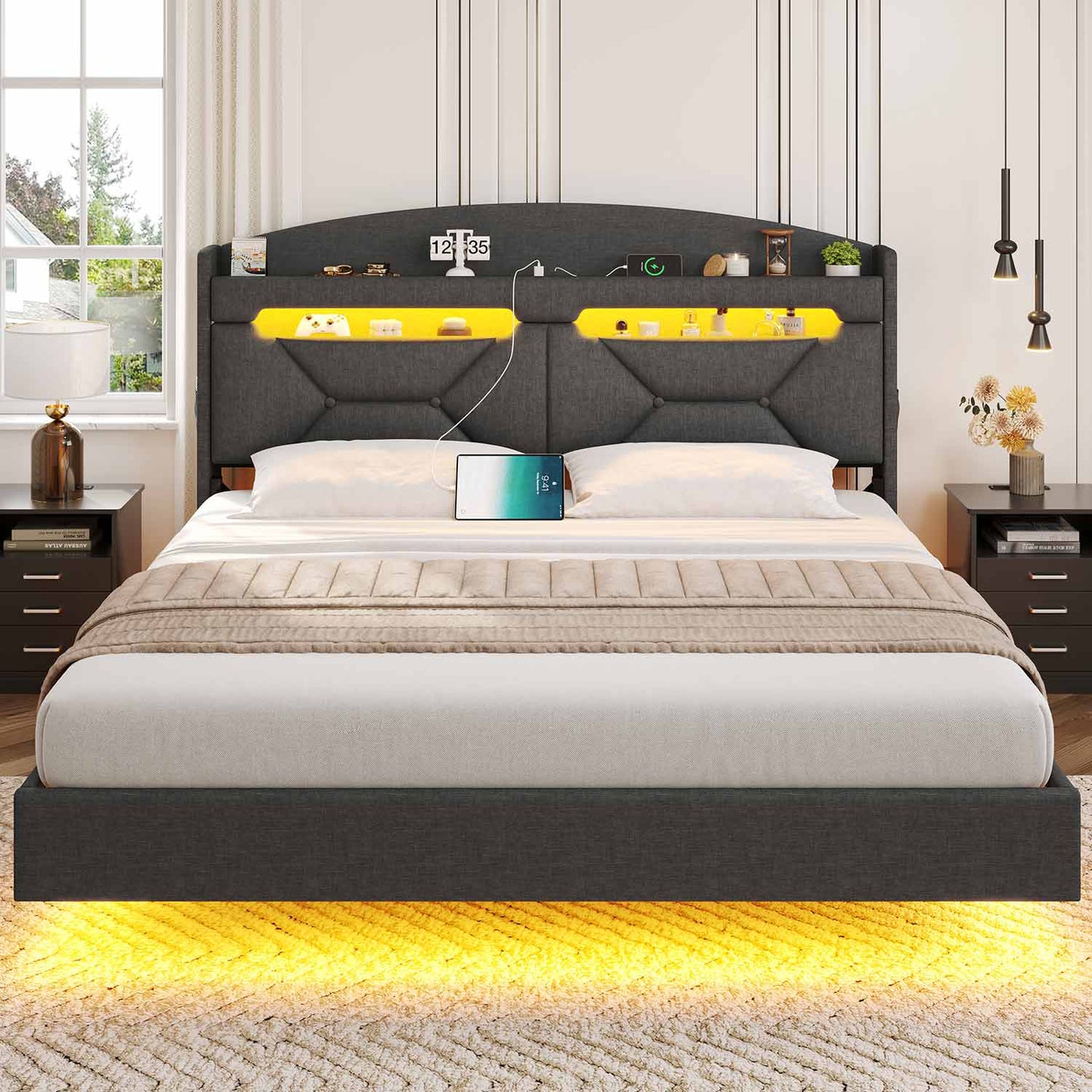 Linen LED Floating Bed Frame with Charging Station Dark Grey