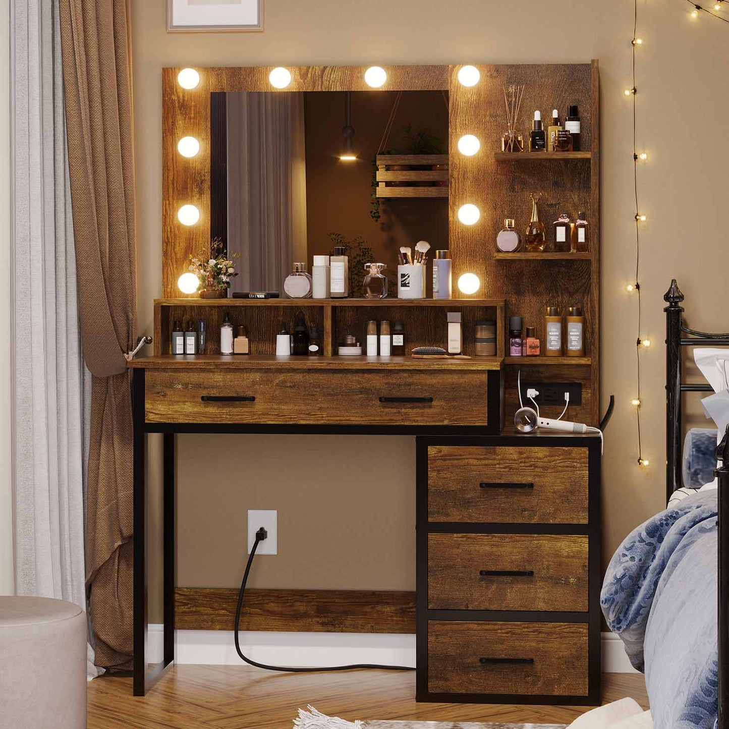 Makeup Vanity with LED Mirror Charging Station Rustic Brown