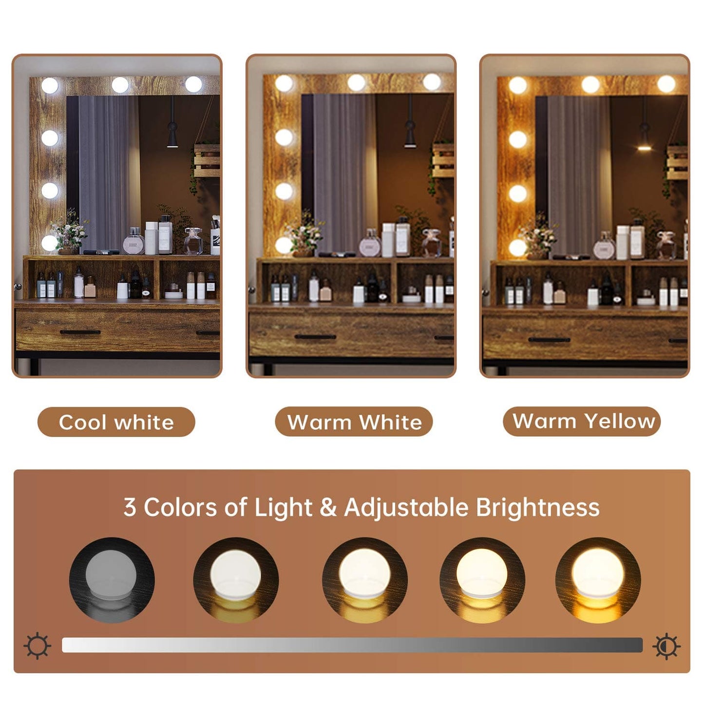 Makeup Vanity with LED Mirror Charging Station Rustic Brown