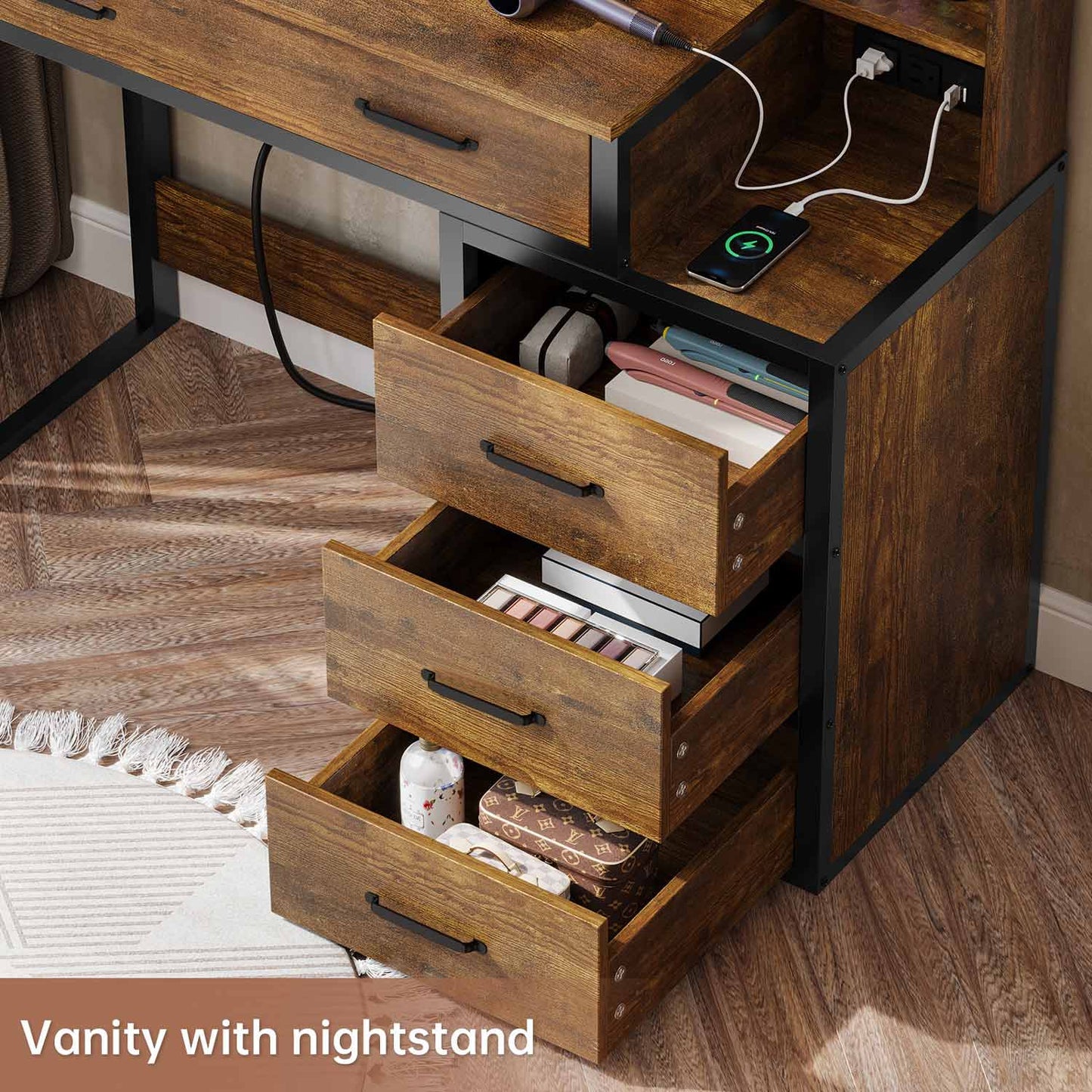 Makeup Vanity with LED Mirror Charging Station Rustic Brown