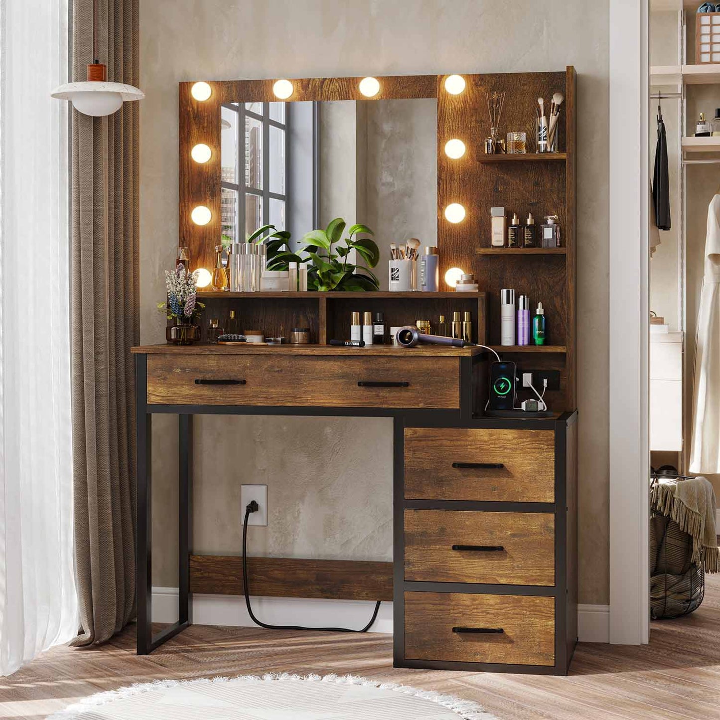 Makeup Vanity with LED Mirror Charging Station Rustic Brown