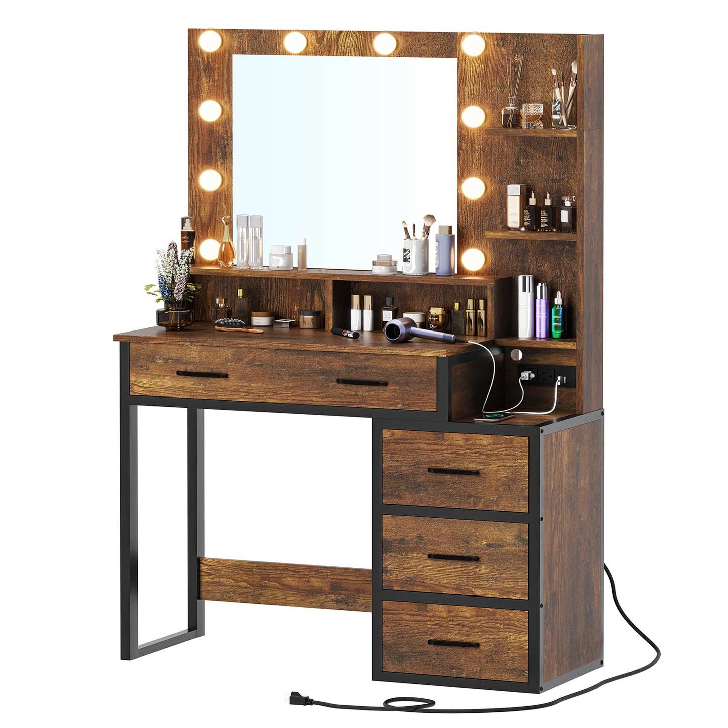 Makeup Vanity with LED Mirror Charging Station Rustic Brown