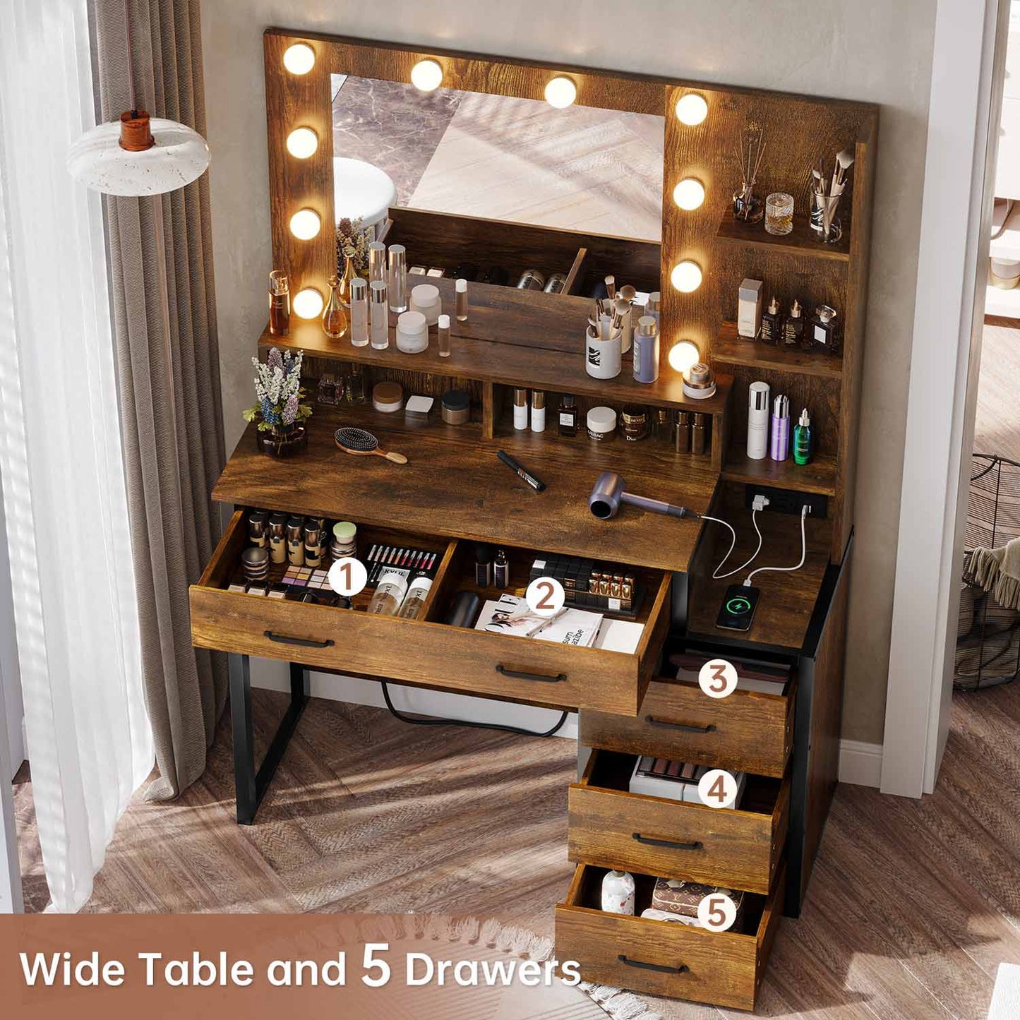 Makeup Vanity with LED Mirror Charging Station Rustic Brown