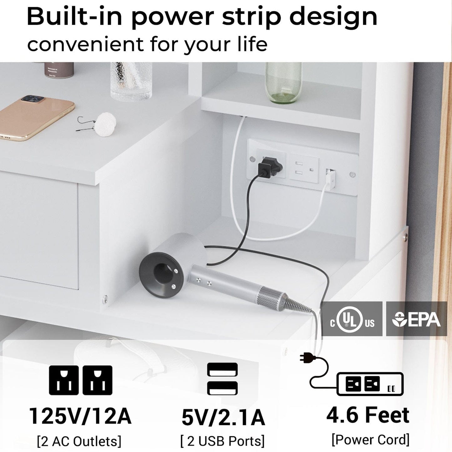 Makeup Vanity with LED Mirror Charging Station White