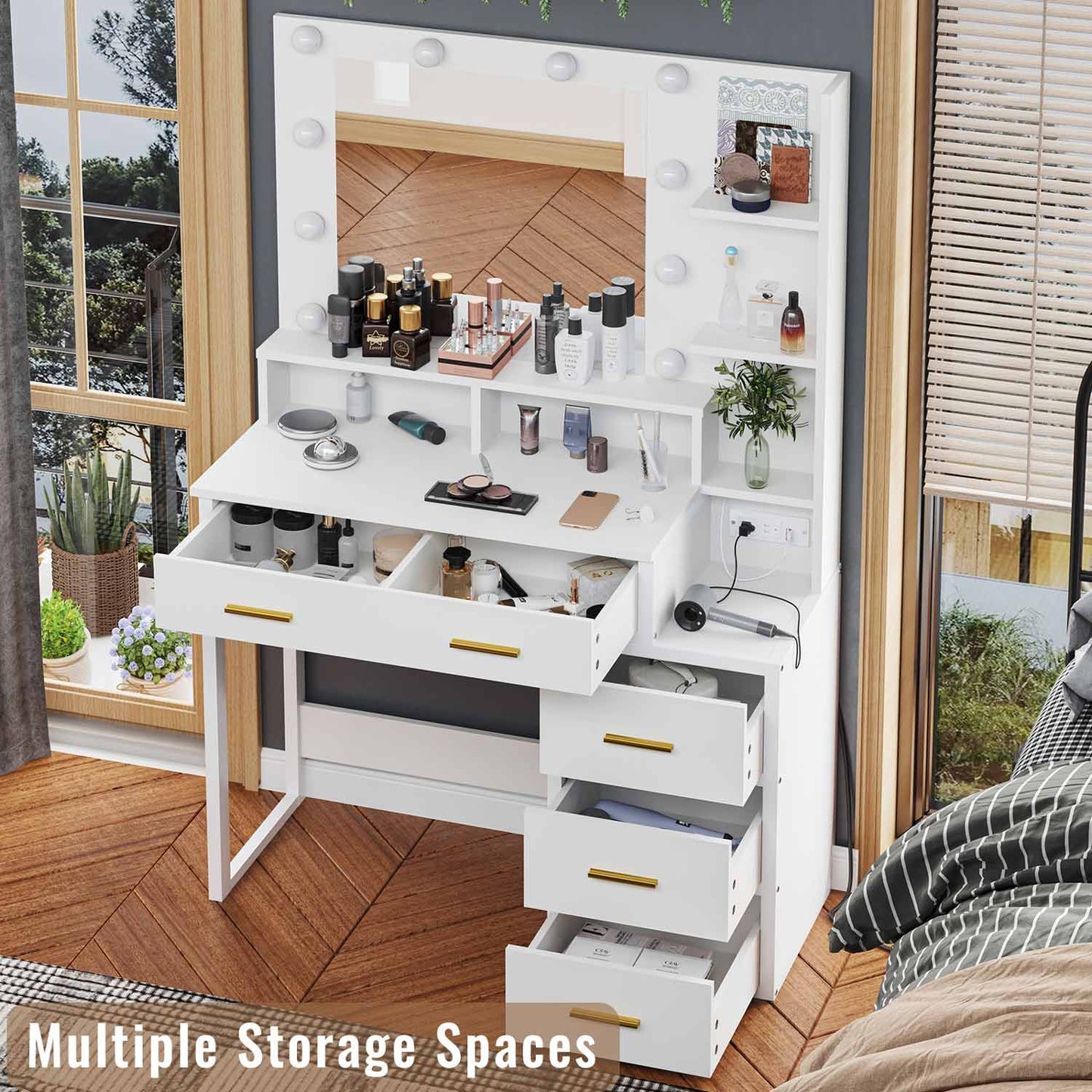 Makeup Vanity with LED Mirror Charging Station White