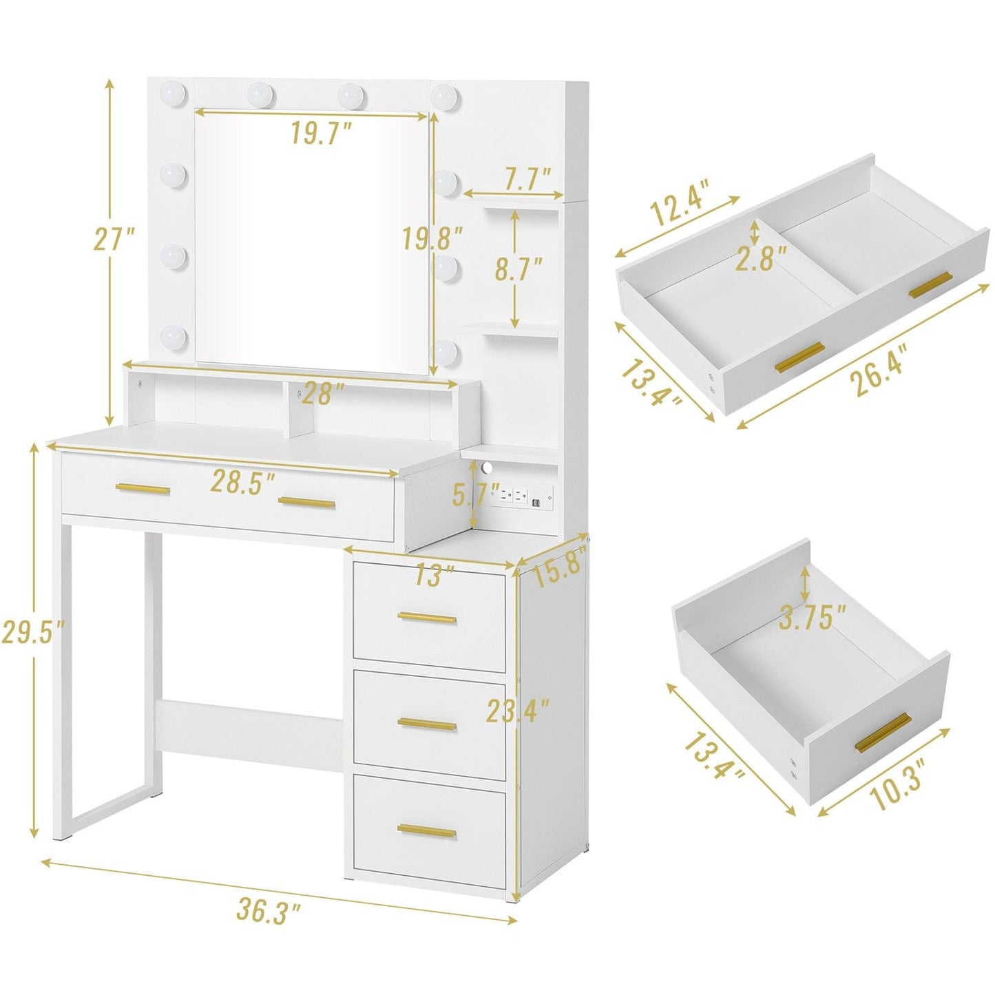 Makeup Vanity with LED Mirror Charging Station White