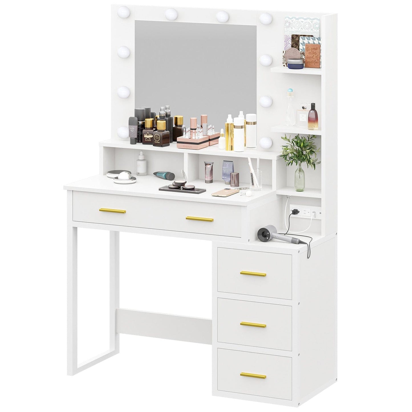 Makeup Vanity with LED Mirror Charging Station White